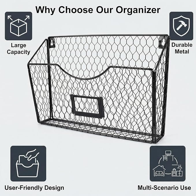 3 Pockets Hanging File Holder Wall Mount Mail Organizer Metal Chicken Wire Magazine Rack with Tag Slot, Black - Image 3