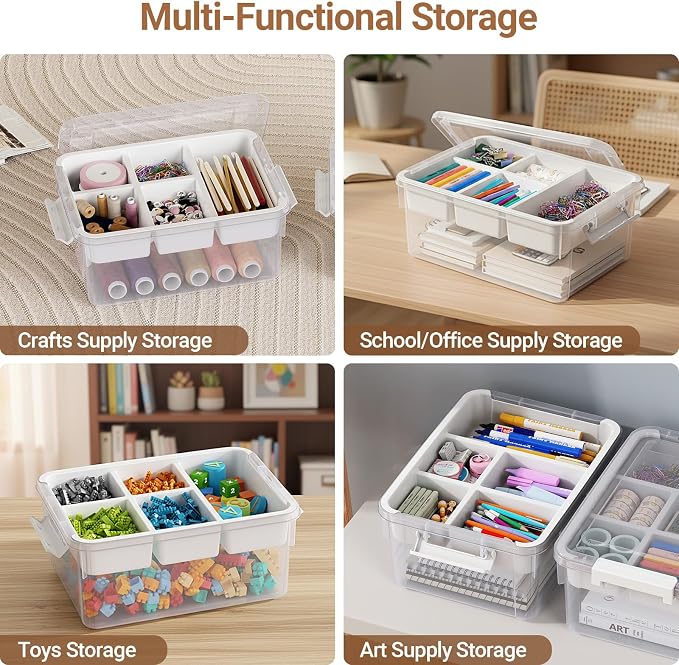 80Qt Stackable Storage Bins with Lids Trays Craft Box Organizers, 4Pack,WH | Clear Plastic Latching Boxes Organizers with Dividers Portable Containers for Arts & Crafts, Home Office Classroom Car Trunk - Image 4