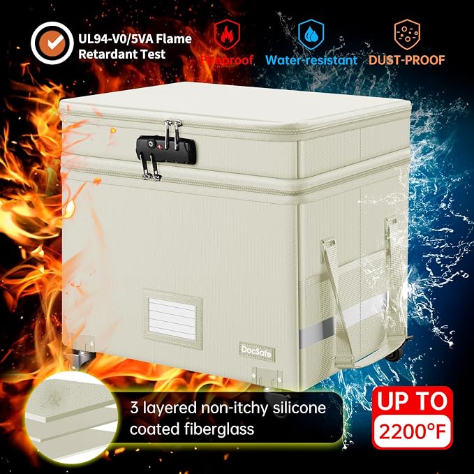 DocSafe Fireproof Document Box with Lock,2-Layer File Box with Wheels,Collapsible File Storage Organizer with Pockets,Large Portable Office Filing Cabinet for Hanging Folders,Beige,16''x13.8''x12.2'' - Image 4