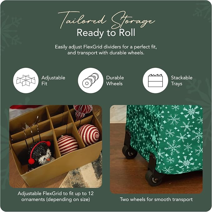 Covermates Keepsakes Rolling Adjustable Ornament Storage Bag – Heavy-Duty Polyester, FlexGrid Trays & Padded Dividers – Protective Holiday Organizer with Wheels, Handles & ID Window, Green Snowflake - Image 5