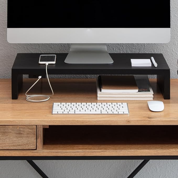 Anji Mountain Wooden Monitor Stand - Elegant Monitor Riser, Perfect Monitor Stand for Desk Organization, Durable Wood Construction monitor stands, Enhances Ergonomics and Workspace Efficiency,Black by AnjiMountain