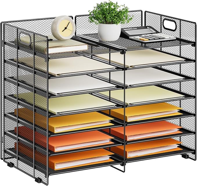 Marbrasse 12 Slots Desktop Literature Organizer, 7-Tier Mesh Paper Organizer for Desk, Adjustable Mail File Sorter Tray with Handle, Desktop Classroom Mailbox Cabinet for Office Home School, Black by Marbrasse