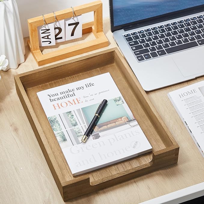 Fulmoon 3 Pcs Stackable Wood Letter Tray A4 Size Desk Tray Organizer Wooden Office Documents Tray Desktop Mail File Folder Document Magazine Storage - Image 2
