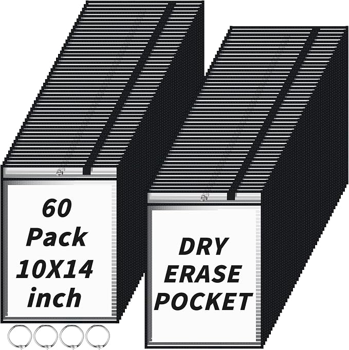 60 Packs Dry-Erase Pockets Bulk Oversized Reusable Dry Erase Pocket Sleeves with 4 Rings, 10x14 Black Ticket Holders, Clear Plastic Sheet Protectors, Teacher School Classroom Supplies - Image 9