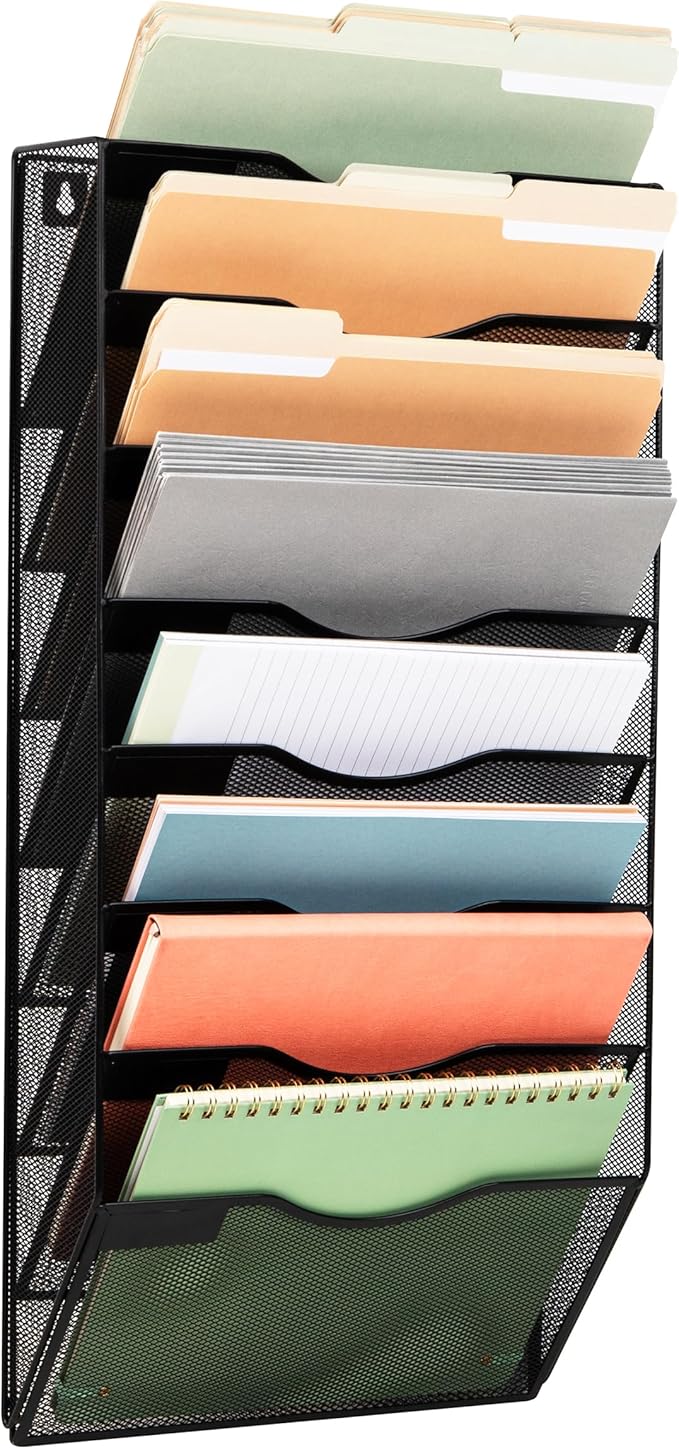 Mind Reader Wall File Organizer, 8 Pocket Hanging Document Rack, Office Wall Mount, Metal Mesh, Black by MindReader