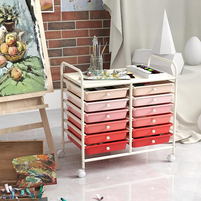 GOFLAME 12-Drawer Rolling Storage Cart, Multifunctional Art Craft Organizer Cart, Mobile Utility Storage Cart with Removable Drawers & Lockable Wheels, Craft Cart for Home Office School, Pink Gradient - Image 8