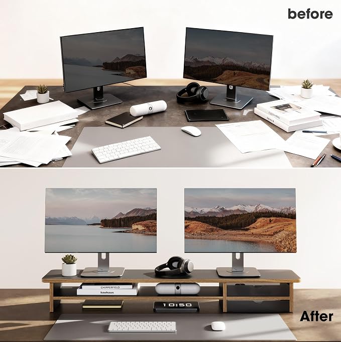 Fenge Monitor Stand, Desk Computer Riser with Frosted Storage Drawer, Black | 42.5 Inch Dual Monitor Riser, 2 Tiers, Cable Management, Desk Shelf for 2 Monitors, Ultrawide Screen, Laptop, TV, Home Office - Image 7