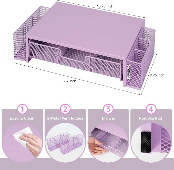 Qupui Computer Monitor Stand Riser with Drawer and Pen Holders, Desk Organizer Shelf and Accessories, Office Desk Accessories, Office Organization, Purple - Image 2