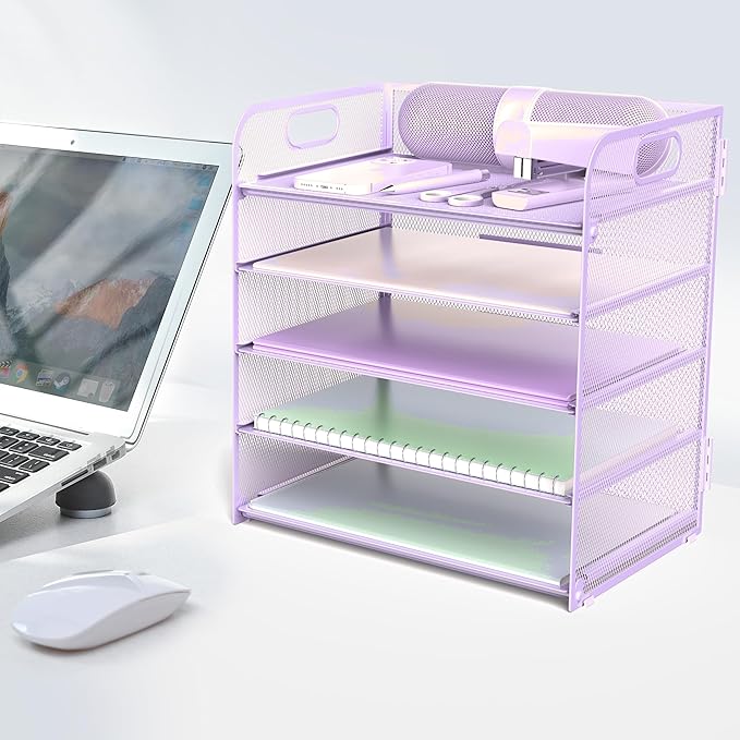 Letter Tray Paper Organizer 5-Tier Desk Organizer File Organizer Paper Holder with Handle, Metal Desktop Document Shelf Tray Office Classroom Organization - Purple - Image 6