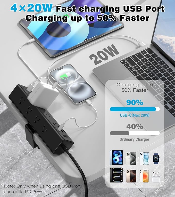 VILONG Desk Clamp Power Strip, Edge Mount, 8AC, 8USB (4 USB-C), 1200J | 40W Fast Charging Station, 10FT 14AWG Cord, Fits 1.9" Desk Edge, Home Office Workstation, Black, ETL Listed - Image 2