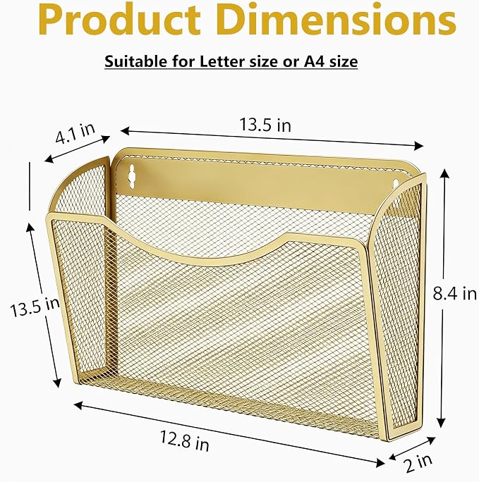 Gawerk Mesh Hanging Wall File Holders, Metal Vertical Wall Basket Mail Organizer for Office/Home (Gold, 6 Pack Wall Mounted) - Image 2
