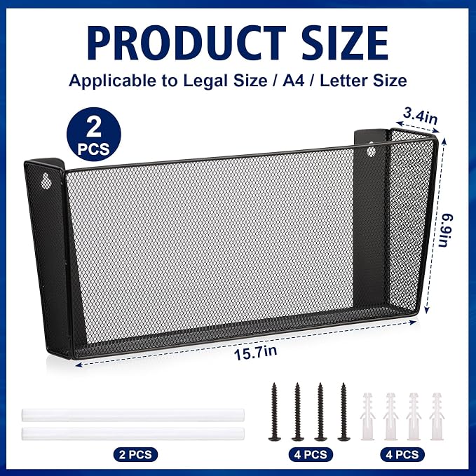 2 Pack Single Pocket Wall File Holder Legal Size Metal Mesh Hanging File Folder Paper Organizer Black Wall Mounted Mail Organizer Magazine Rack for Office Home School 15.7" L x6.9 Wx3.4 H - Image 2
