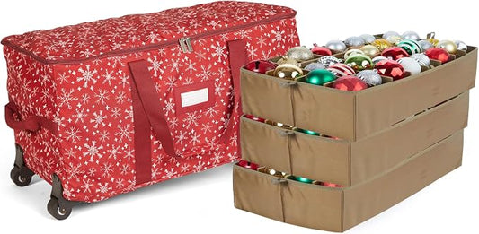 Covermates Keepsakes Rolling Adjustable Ornament Storage Bag – Heavy-Duty Polyester, FlexGrid Trays & Padded Dividers – Protective Holiday Organizer with Wheels, Handles & ID Window, Red Snowflake by Covermates