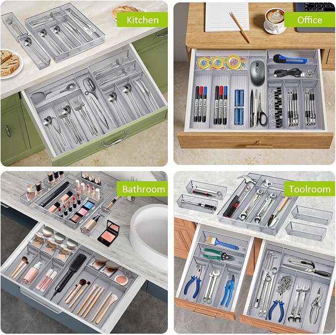 Neudeco Drawer Organizer Set, Silver Mesh, 6 Pack | 5-Compartment Silverware Tray, 5 Utensil Trays, Non-Slip, For Flatware, Cutlery, Office Supplies - Image 6