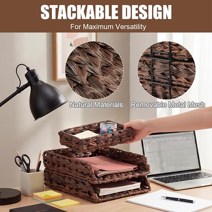 3 Pack Water Hyacinth Woven Stackable Desk Organizer Letter Tray, Brown Tabletop Desk Basket for Storage Paper Letter Folders Notebooks Copy Print, Workspace Holder - Image 4