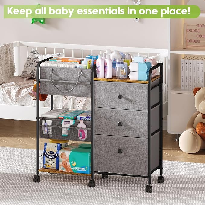 Cidaziya 2In1 Baby Diaper Caddy Organizer and Storage, 3 Tier Rolling Cart with Dividers and Drawers, Mobile Utility Cart Baby Dresser Clothes Organizer for Changing Table, Crib Nursery, Bedroom, Grey - Image 4