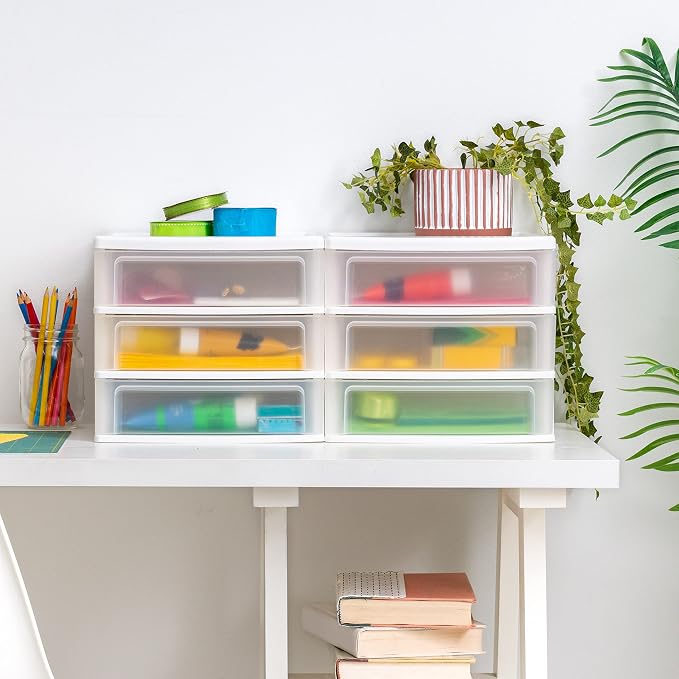 IRIS USA Plastic Stacking Desk Top 3-Drawer Storage Organizer, 2-Pack, for Makep Vanity Nail Polish Bathroom Stationery Art Craft Supplies Kitchen Office Garage and Small Organization, Medium, White - Image 2