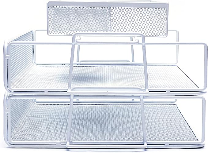 EXERZ Stackable Letter Trays 2 Pack with Memo Holder Desk Organiser White | Two Tier A4 File Storage With Divided Accessory Sections For Notes Pens Clips And Everyday Desk Essentials - Image 5