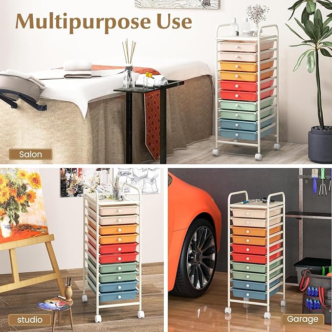 Storage Cart, Rolling Utility Cart with 10 Drawers, Portable Handles & Lockable Wheels, Mobile Paper Toys Storage Organizer Large Capacity for Home Office School Teacher (Macaron) - Image 8