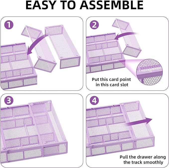 Marbrasse Expandable Desk Drawer Organizer, Mesh Drawer Organizer Tray with 10 Adjustable Compartments, Desk Organizers and Accessories for Office Supplies, Makeup & Vanity (Expandable-Purple) - Image 7
