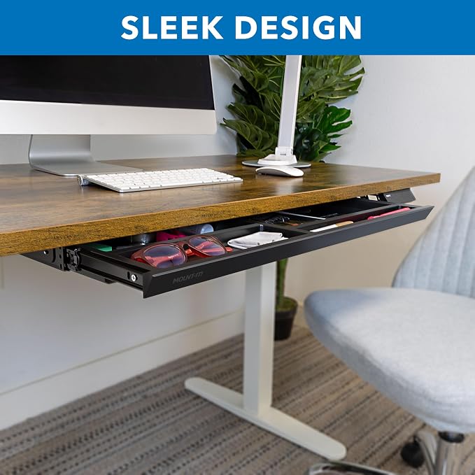 Mount-It! Under Desk Drawer with 4 Compartments, Deep Low-Profile Slide-Out Storage Organizer, 25.8″ x 12.5″ x 1.6″, Smooth Glide Pull-Out Tray for Traditional & Single Motor Standing Desks, Black - Image 8