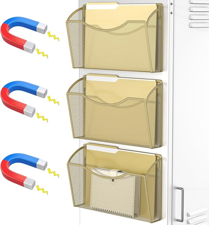 MINDEPOT Magnetic Wall File Organizer, Hanging File Holder, 3 Pack, Gold | Heavy Duty Iron, Powerful Magnet, Metal Mesh Wall Mount, Single Pocket, for Office School Classroom Home, Letter A4 Size by MINDEPOT