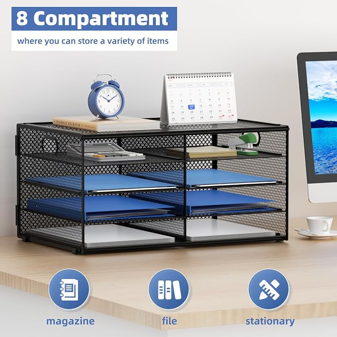 Lavatino 8 Compartments Paper Organizer for Desk, Mesh Literature Organizer, Mail File Sorter Tray with Handle, Desktop Mailbox for Office Classroom Home, Black - Image 5