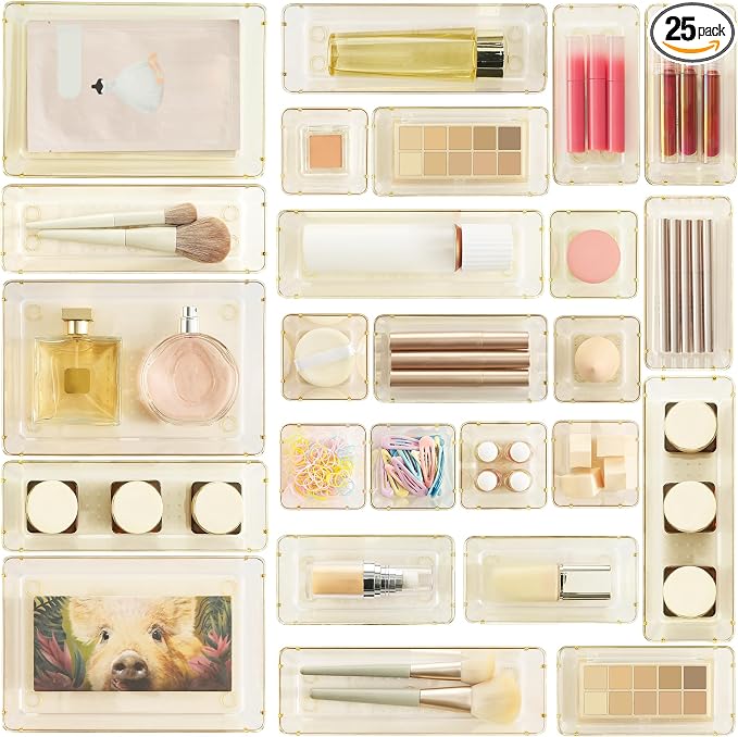 Vtopmart 25 Pack Plastic Drawer Organizers with Non-slip Rubber Pads | 4-Size Versatile Makeup Organizer, Storage Containers Small Bins for Makeup, Jewelries, Bedroom, Kitchen Utensils and Office by Vtopmart