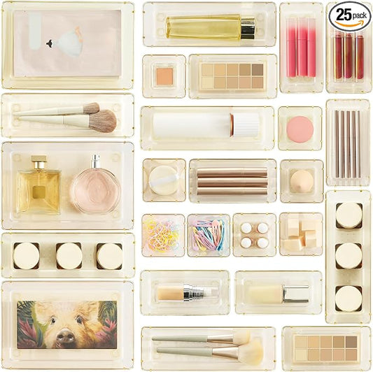 Vtopmart 25 Pack Plastic Drawer Organizers with Non-slip Rubber Pads | 4-Size Versatile Makeup Organizer, Storage Containers Small Bins for Makeup, Jewelries, Bedroom, Kitchen Utensils and Office by Vtopmart