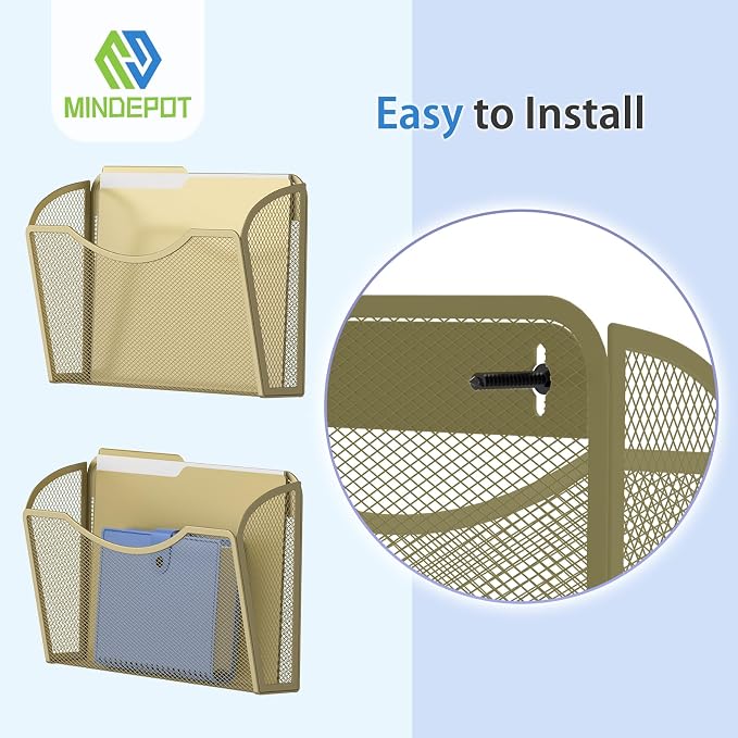 MINDEPOT Wall File Organizer, Hanging Wall File Holder, 3 Pack, Gold | Heavy Duty Iron, Metal Mesh Wall Mount, Single Pocket, Mail Organizer, for Office School Classroom Home, Letter A4 Size - Image 4