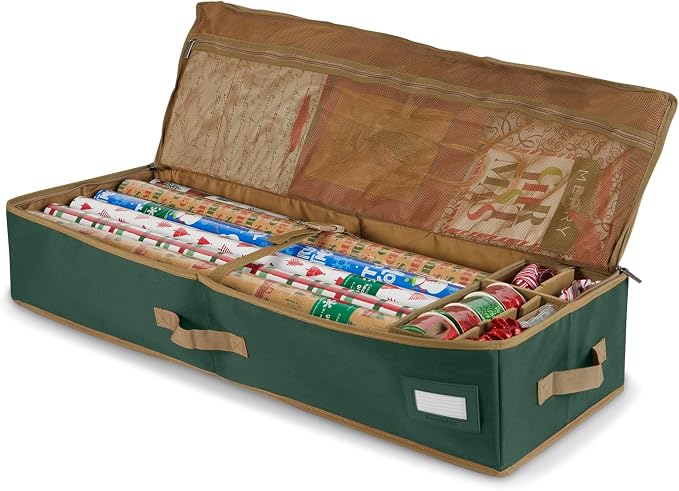 Covermates Keepsakes Gift Wrap Storage Organizer – Heavy-Duty Polyester with Buckle Straps & Interior Pockets – Holds Up to 15 Rolls of Gift Wrap with Handles & Label Window, Green by Covermates