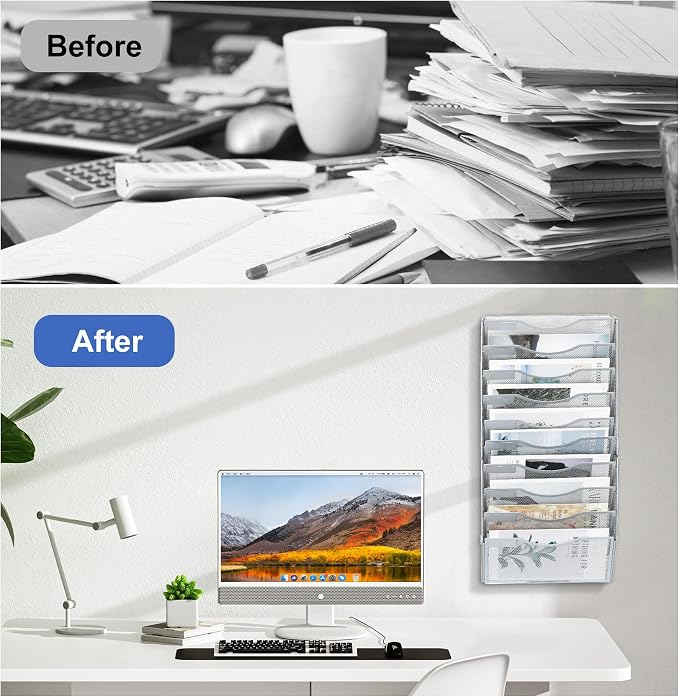 EasyPAG Wall File Organizer for Office 10 Pocket Mesh Wall Mounted Paper Organizer Hanging Folder Holder with Nametag Label for Home School, Silver - Image 5