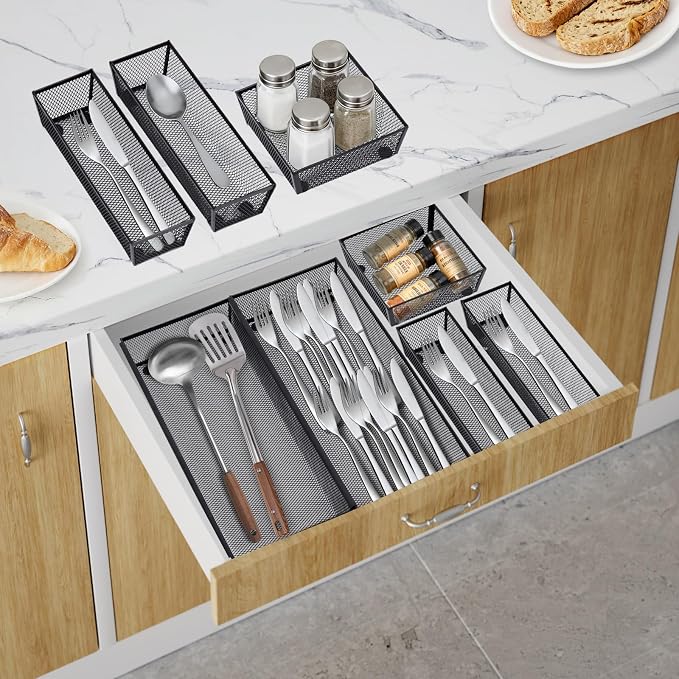 Neudeco Drawer Organizer, Black, 5 Pack, 15x6.2x2 inches | Metal Mesh Silverware Tray, Interlocking Design, 5 Compartment, For Kitchen Utensils - Image 6