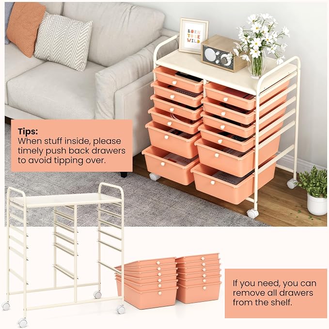 Moccha 12-Drawer Rolling Storage Cart - Utility Cart on Wheels with Lockable Casters for Craft Art Supply Paper Salon, Mobile Drawer Carts for Classroom Teacher School Office (Peach) - Image 3