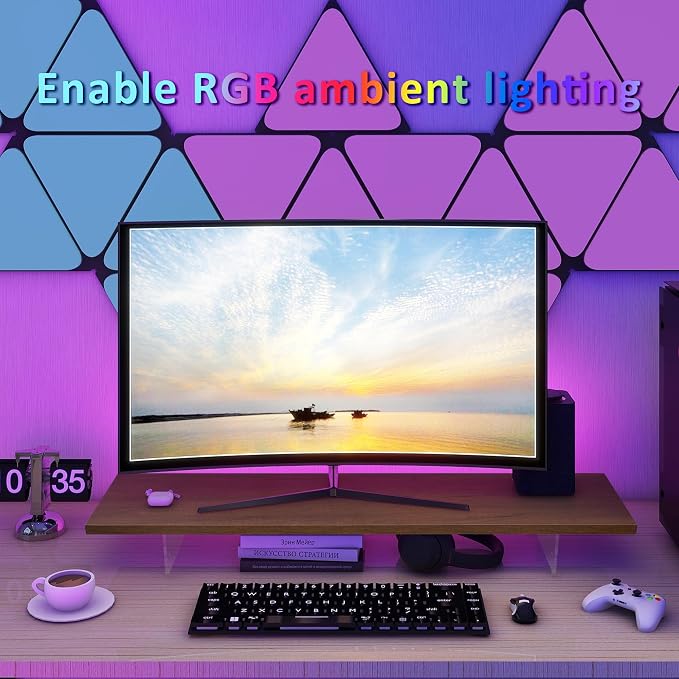 Monitor Stand Riser,Wood & Acrylic Computer Monitor Stand with LED Strip Light,Desk Accessories Desktop Organizer Stand for Computer,Laptop,Printer,PC & TV Screen - Image 5
