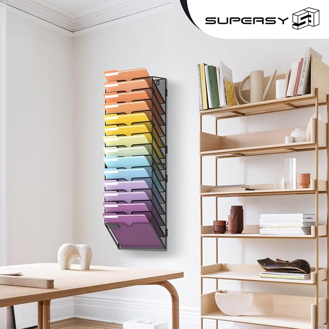 14-Tier Wall File Organizer, Mesh Hanging Wall Mount File Holder | Paper, Folder, Magazine Rack Great for Office Home School, Assembly Needed, Black - Image 5