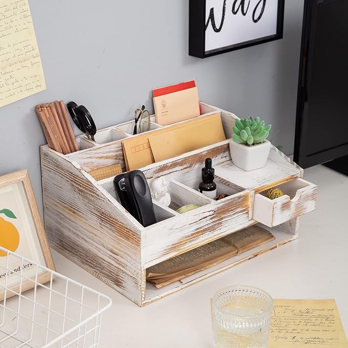 Wood Desk Drawer Organizers with File Organizer Pen holder Office Decor combo Organization Home Can Arrange calculators scissors pens note papers, etc. (washed white) - Image 4