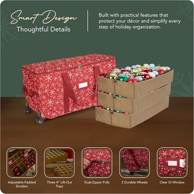 Covermates Keepsakes Rolling Adjustable Ornament Storage Bag – Heavy-Duty Polyester, FlexGrid Trays & Padded Dividers – Protective Holiday Organizer with Wheels, Handles & ID Window, Red Snowflake - Image 4