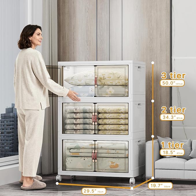Stackable Storage Bins, 525QT Collapsible Drawers with 1 Lid | Large Capacity, Magnetic Door, Stack Lock, Rolling Wheels, Foldable Design, Organizers and Storage for Bedroom Dorm Garage - Image 4
