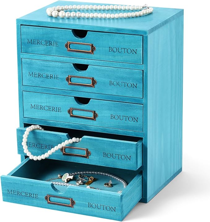 Wesiti 5-drawer Wooden Desk Organizer Blue, Embroidery Floss Thread Organizer Storage, Cottagecore Craft Room Box with Drawers for Art Supplies, Jewelry, Apothecary Cabinet, Stackable by Unteilti