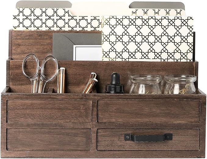 BLU MONACO | Wooden Mail Organizer with Drawer and Pen Holder | Mail Sorter Organizer Countertop for Desk or Kitchen | Outgoing Mail Holder Wood Desktop Storage by Blu_Monaco