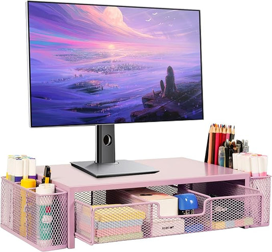 Qupui Computer Monitor Stand Riser with Drawer and Pen Holders, Desk Organizer Shelf and Accessories, Office Desk Accessories, Office Organization, Pink by Qupui