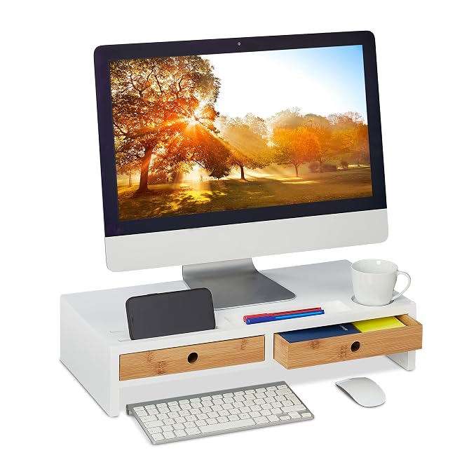 Relaxdays Monitor Stand, 2 Drawers, PC Riser for Desk, H 12 x W 56 x D 27 cm, Bamboo & MDF, White/Natural by Relaxdays