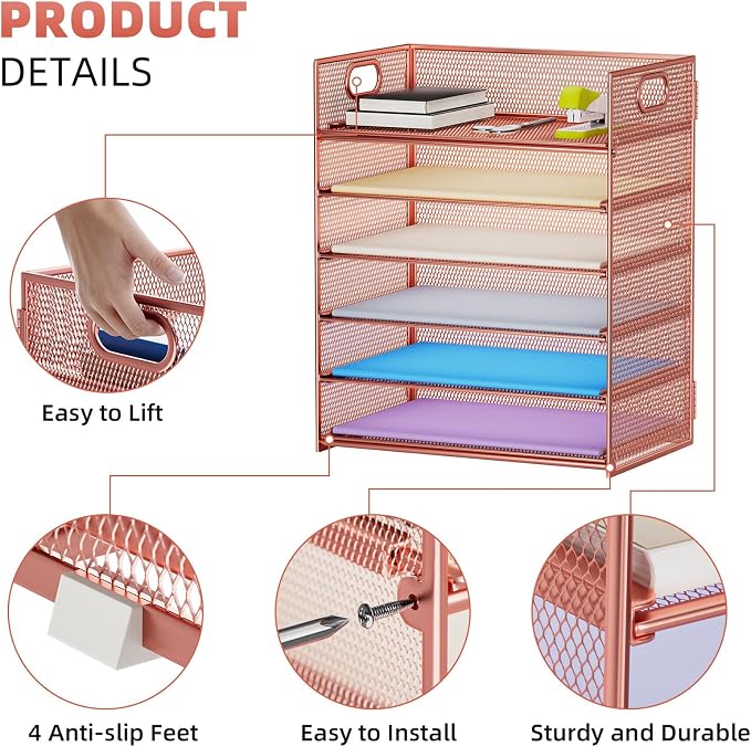 Marbrasse 2 Pack Desk Organizer with Handle, 6 Tier Paper Letter Tray, Mesh Desk File Organizer for Office, School and Home - Rose Gold - Image 3