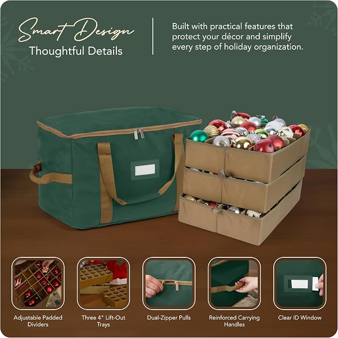 Covermates Keepsakes Adjustable Ornament Storage Bag – Heavy-Duty Polyester, Padded Dividers & FlexGrid Trays – Protective Holiday Ornament Organizer with Handles & Label Window, Green - Image 4