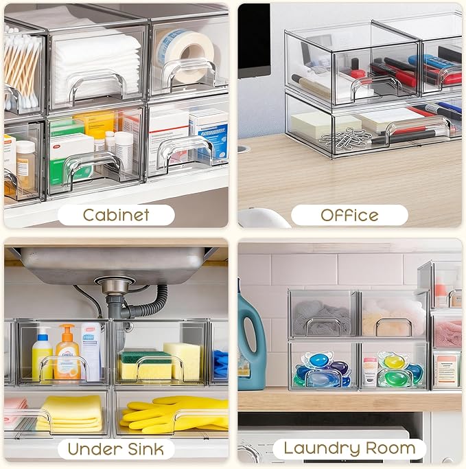 Stackable Storage Drawers, 4 Pack Clear Plastic Makeup & Bathroom Organizer, Versatile Storage Bins for Vanity, Under Sink, Kitchen Cabinets & Pantry - Image 7