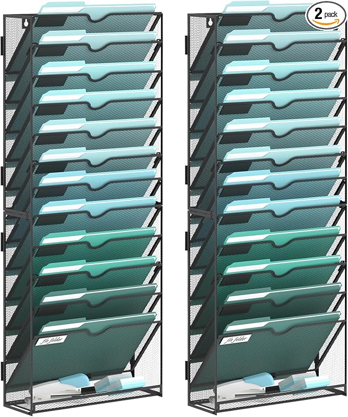 13-Tier Wall File Organizer, Wall Mounted Mail Sorter, 2 Pack | Metal Mesh Hanging File Organizer with Open Compartments and Label Panels for Papers and Folders at Home, Office or School by SUPEASY