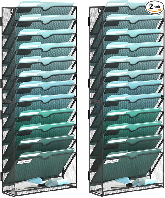 13-Tier Wall File Organizer, Wall Mounted Mail Sorter, 2 Pack | Metal Mesh Hanging File Organizer with Open Compartments and Label Panels for Papers and Folders at Home, Office or School by SUPEASY