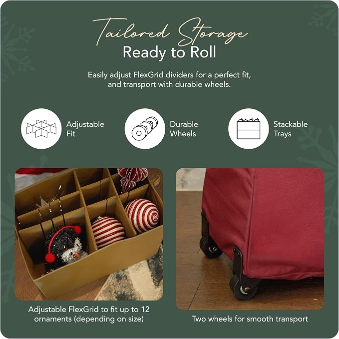 Covermates Keepsakes Rolling Adjustable Ornament Storage Bag – Heavy-Duty Polyester, FlexGrid Trays & Padded Dividers – Protective Holiday Organizer with Wheels, Handles & ID Window, Red - Image 5