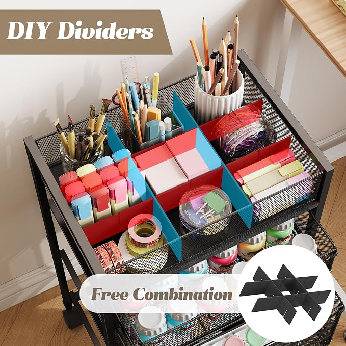 4-Tier Rolling Utility Cart with 3 Drawers, Craft Organizer and Storage with DIY Divider, Art-Craft Supplies with Caster Wheels, Multi-Functional Storage For Classroom, Office, Paints, Artifacts - Image 3